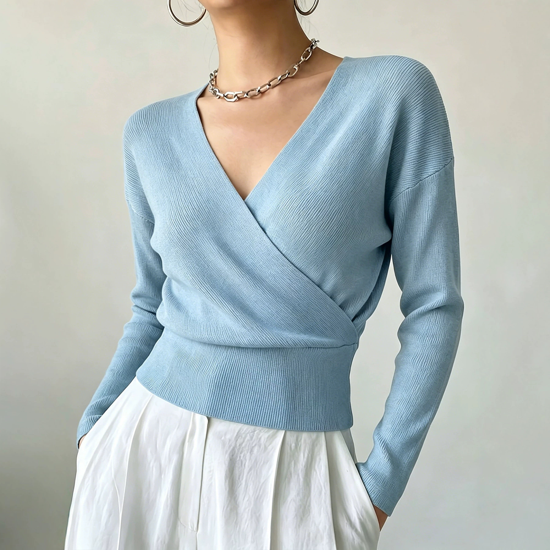 Women's Long Sleeve Cross V-Neck Knit Sweater Slimming Solid Color