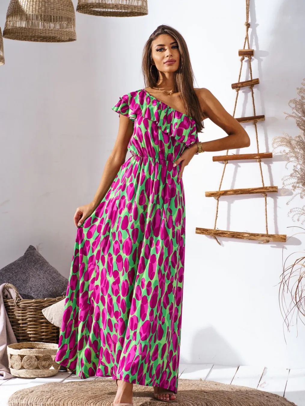 Women's Off-Shoulder Floral Print Long Dress with Waist