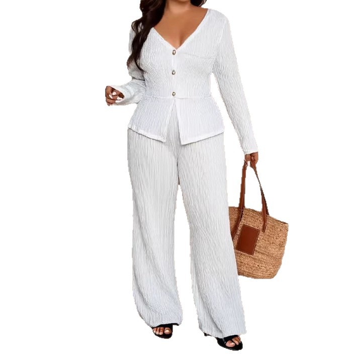 Women's Long Sleeve Ruched Top and High Waist Wide Leg Pants Two-Piece Set