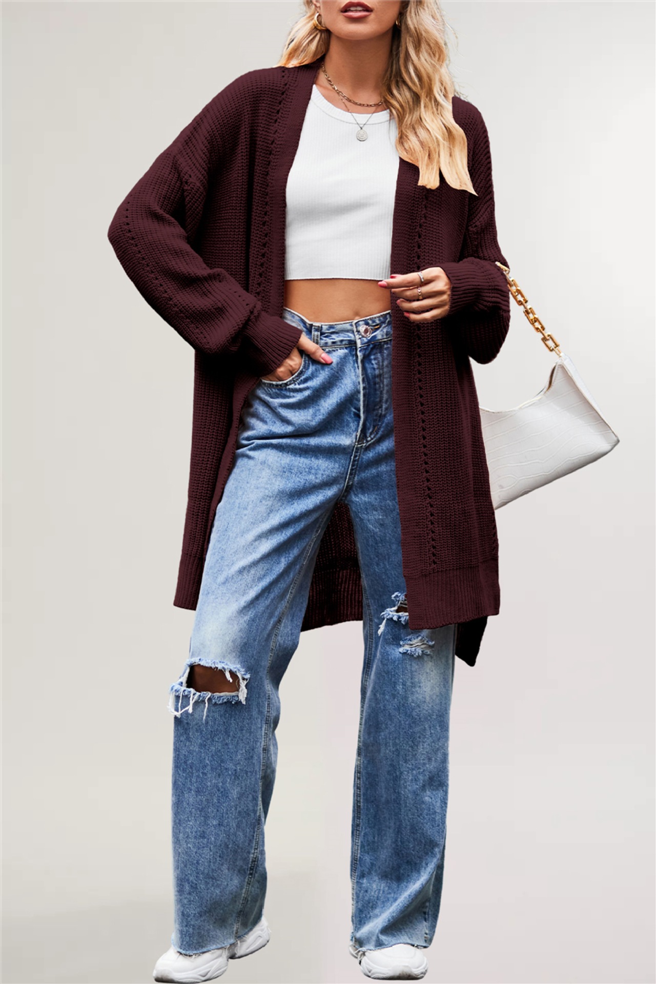 Women's Solid Color Loose Knit Cardigan with Pockets