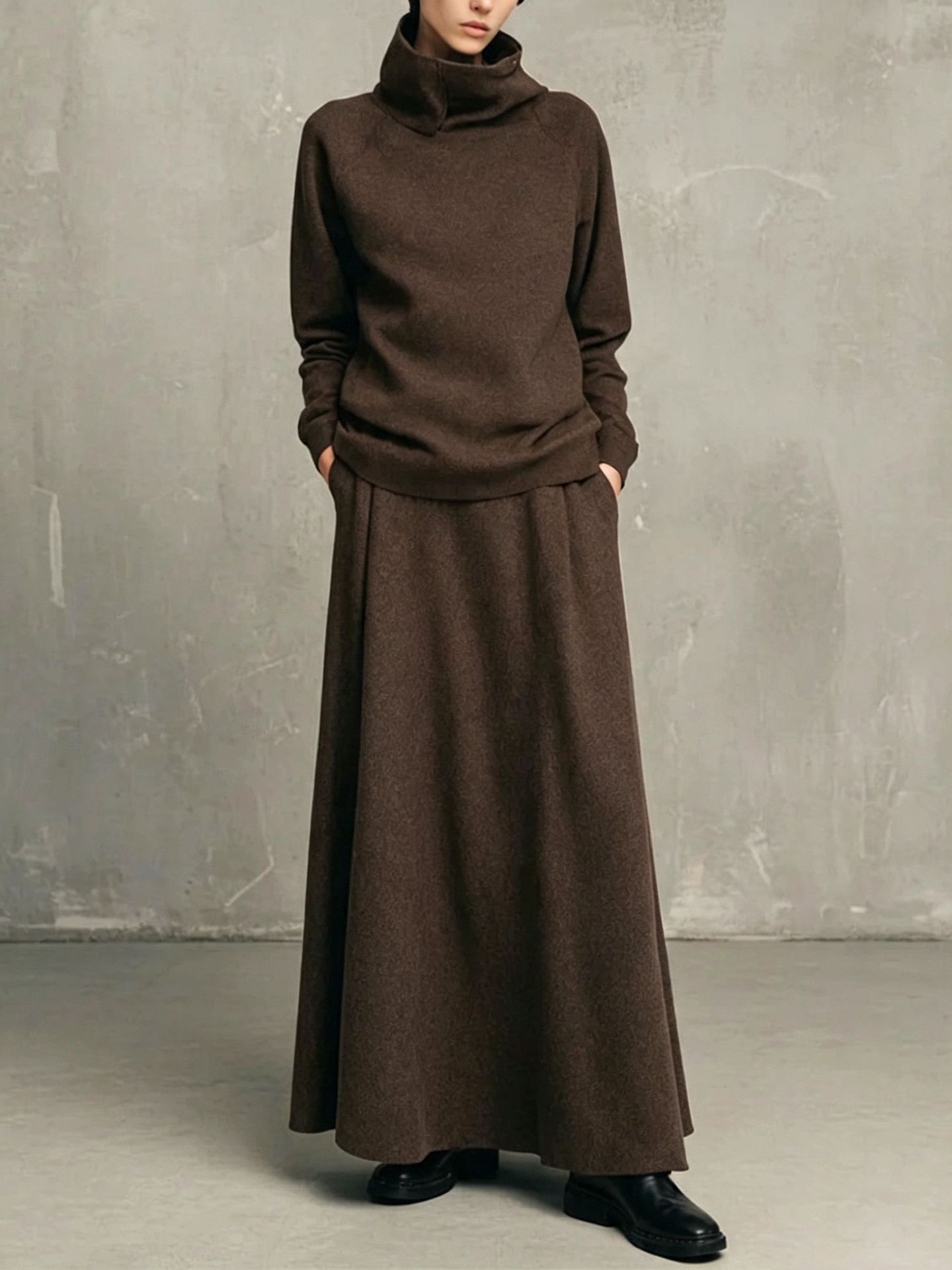 Women's Two-Piece Fleece-Lined Turtleneck Sweatshirt and Midi Skirt Set