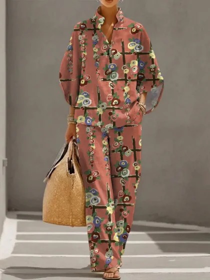 Women's Polka Dot Floral Print Long Sleeve Button-Up Top Set