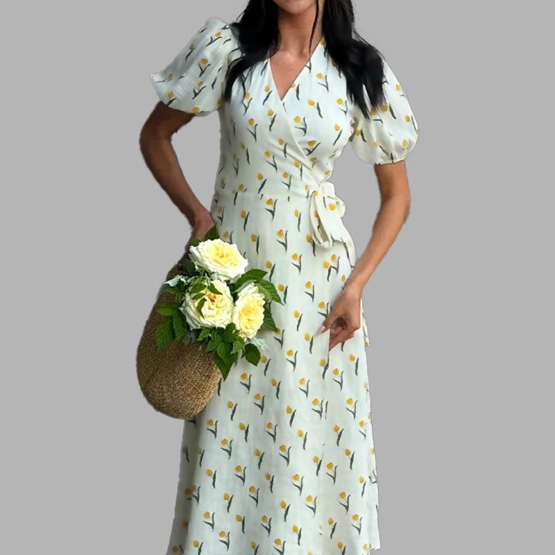 Floral Print Puff Sleeve High Waist Long Dress