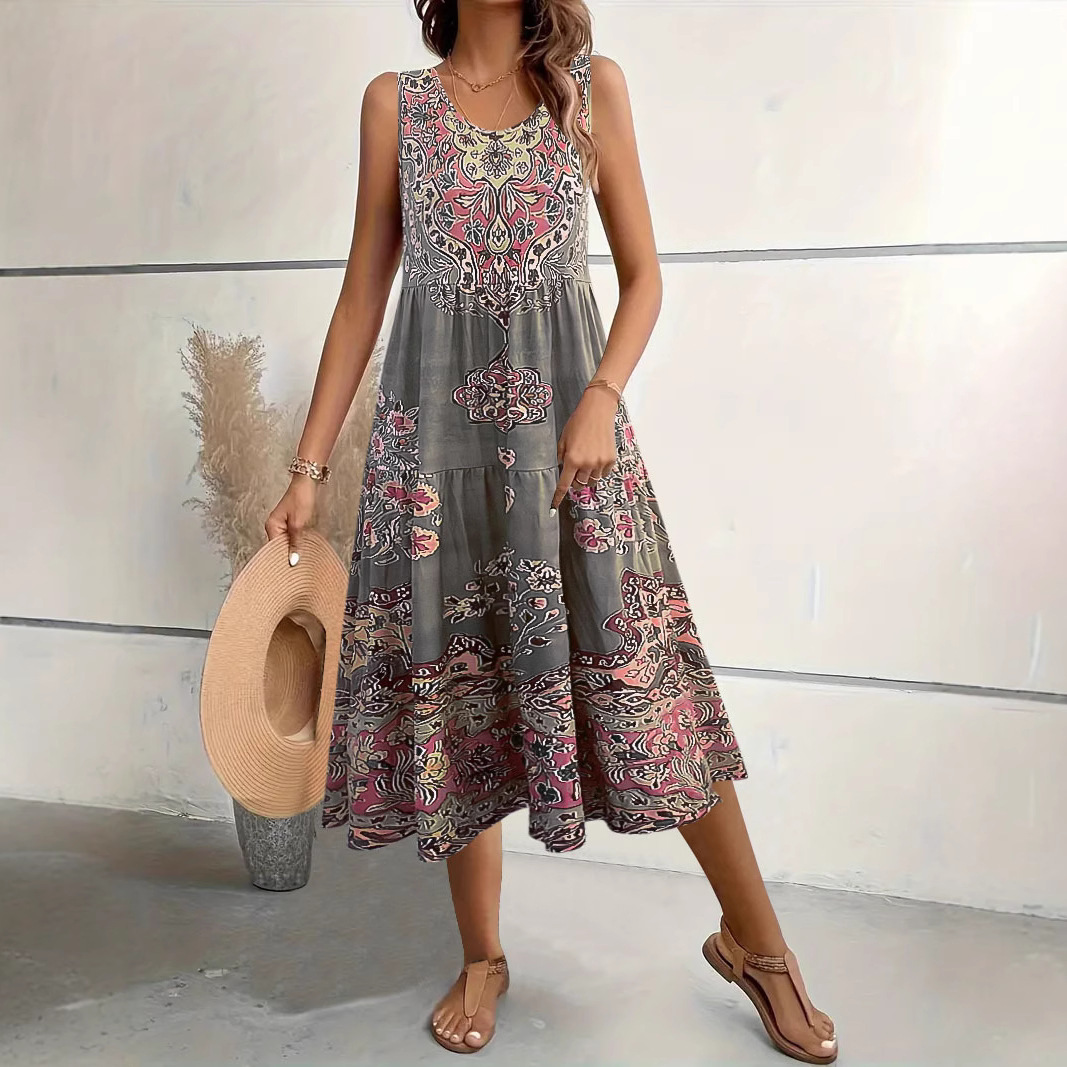 Floral Print Sleeveless U-Neck Midi Dress
