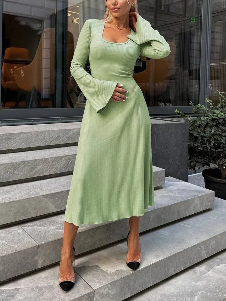 Women's Loose Fit High Waist Ribbed Long Sleeve Dress with Back Tie and Flared Sleeves