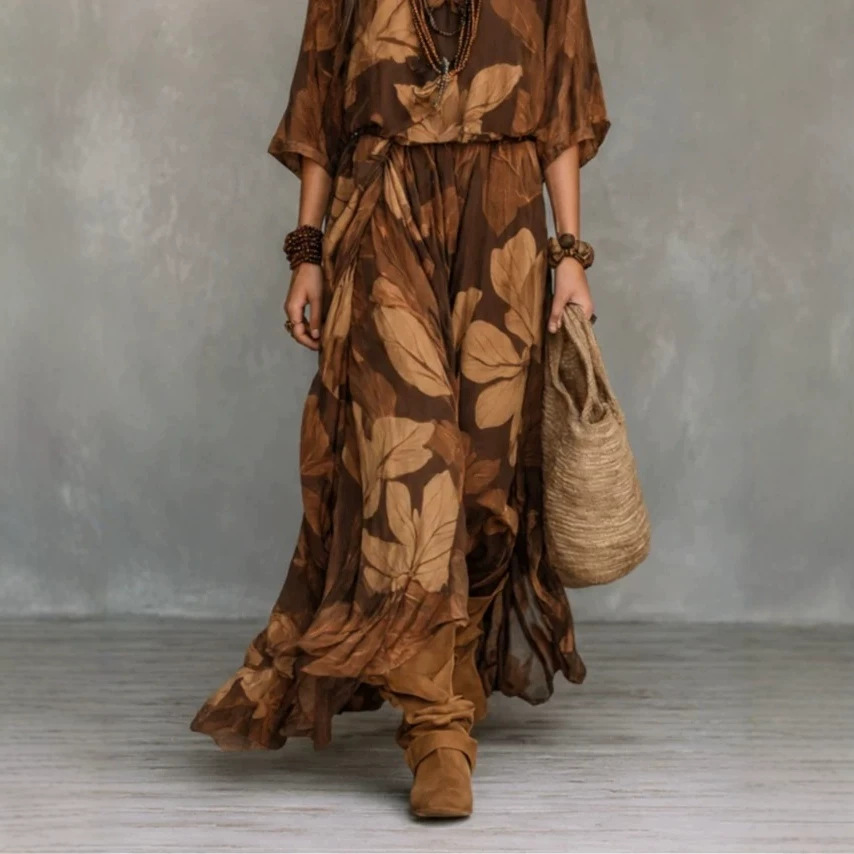 Vintage Brown Large Leaf Print V-Neck Midi Sleeve Cinched Waist Asymmetric Flowy Maxi Dress
