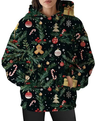 Women's Christmas Print Hoodie with Lantern Leaf Motif