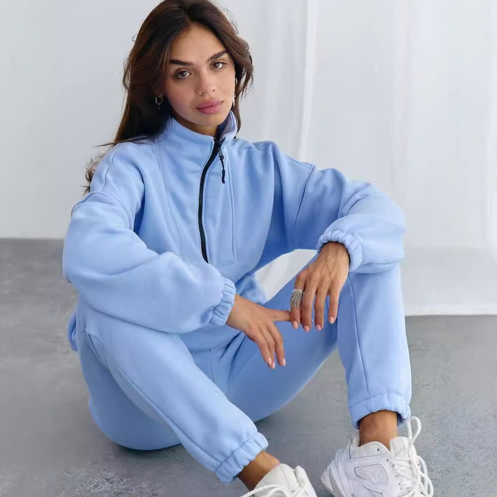 Women's Stand Collar Zip Two-Piece Sweatsuit Set Solid Color