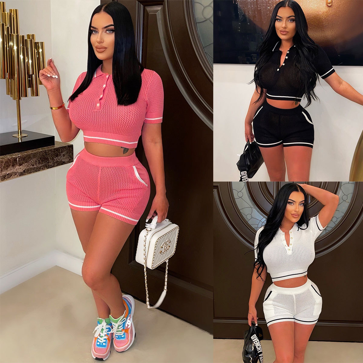 Women's Sexy Sporty Two-Piece Short Sleeve Polo and Shorts Set