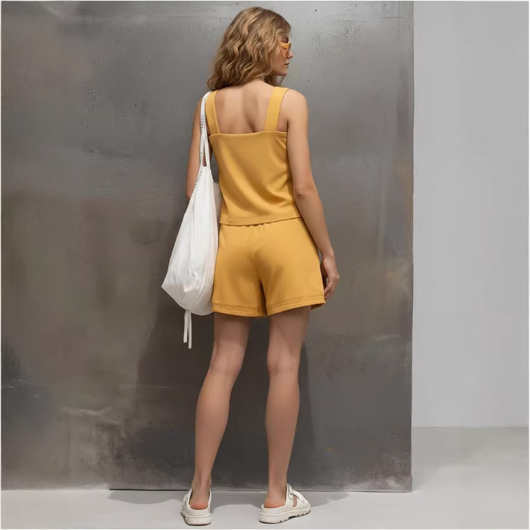 Women's Retro Yellow Off-Shoulder Top and Shorts Set