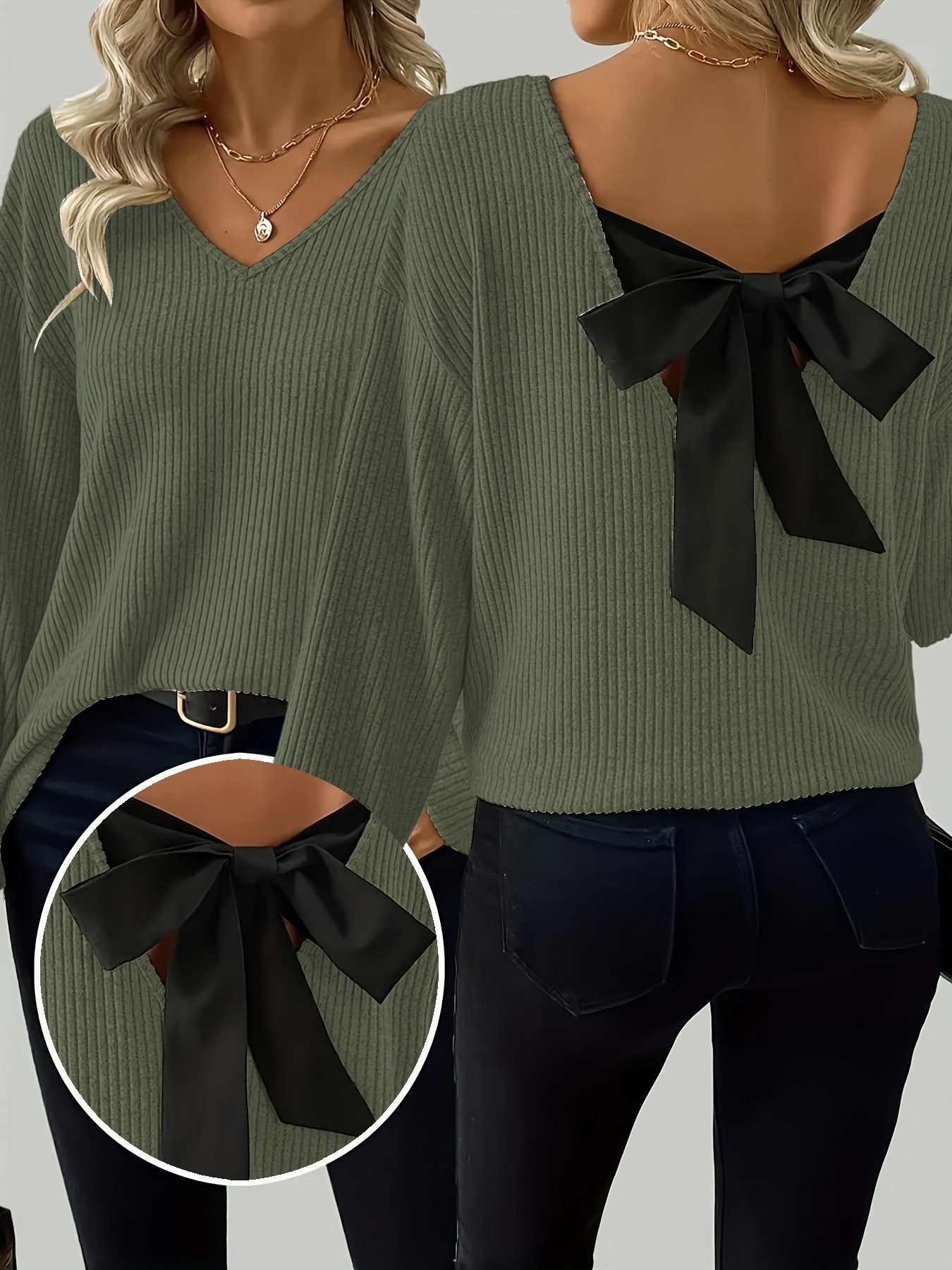 V-Neck Bow Pullover Sweater