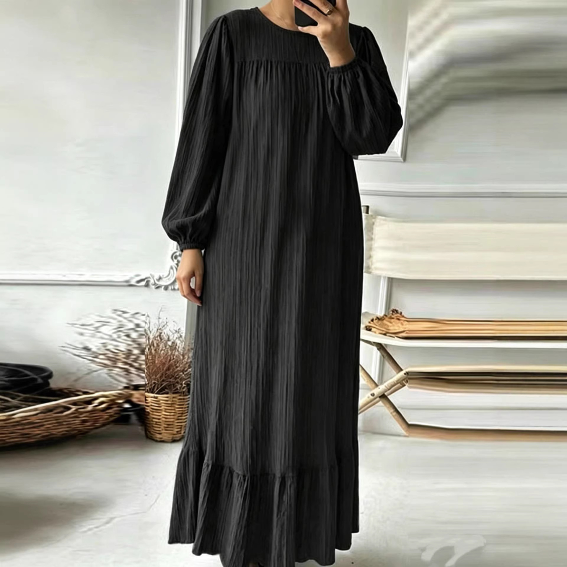 Women's Puff Sleeve Ruffle Hem Long Dress Solid Color