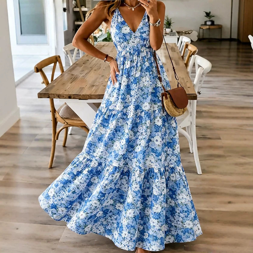 Elegant Floral V-Neck Sleeveless Midi Dress