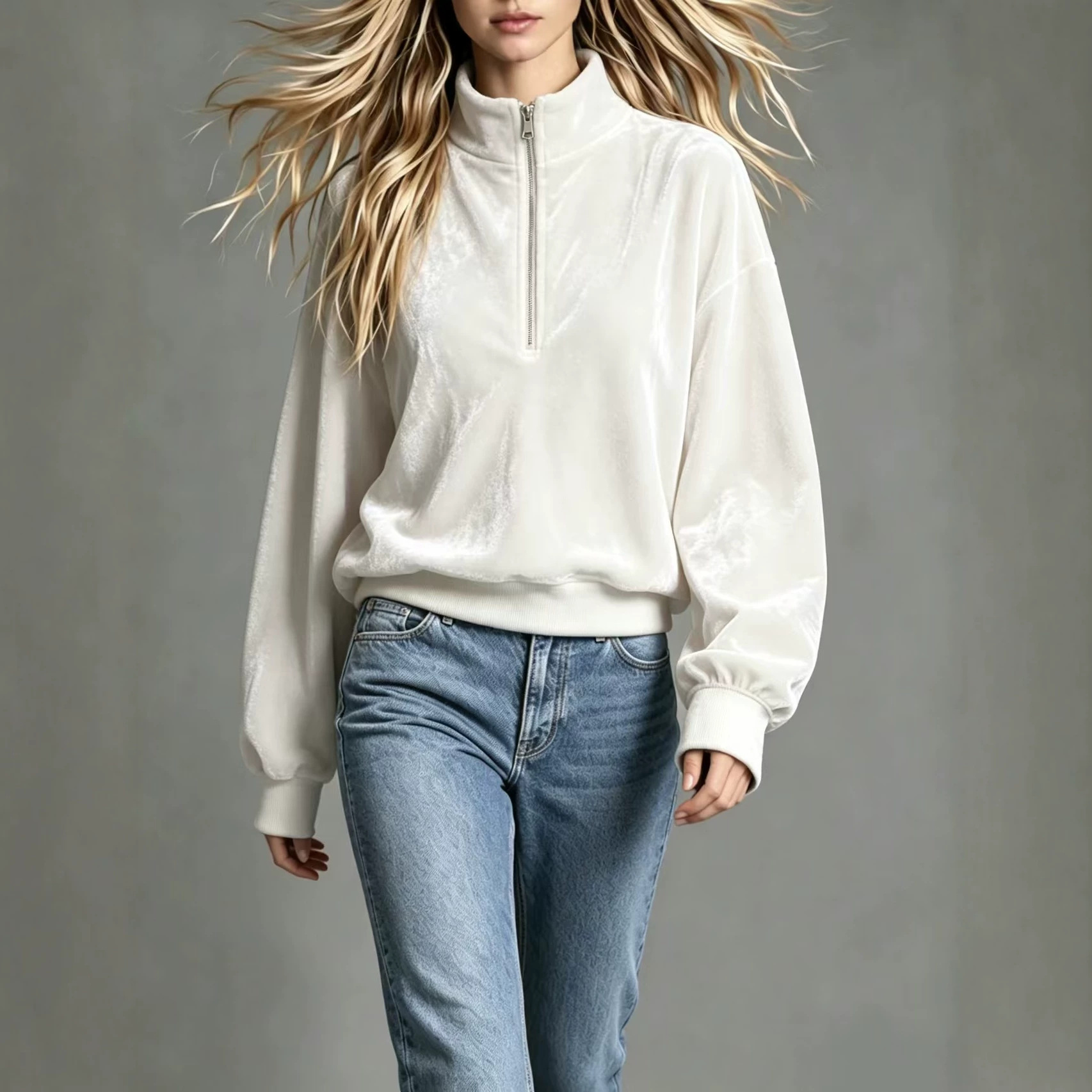Women's Velvet Zip-Up Stand Collar Loose Long Sleeve Solid Color Casual Sweatshirt