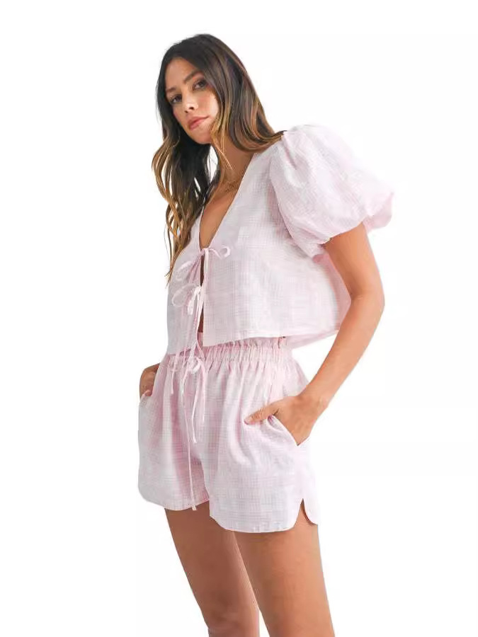 Women's V-Neck Tie Bow Puff Sleeve Plaid Two-Piece Set