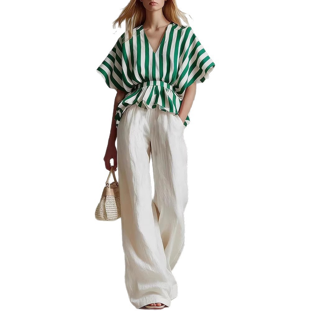 Red and White Striped Top with White Wide-Leg Pants Two-Piece Set