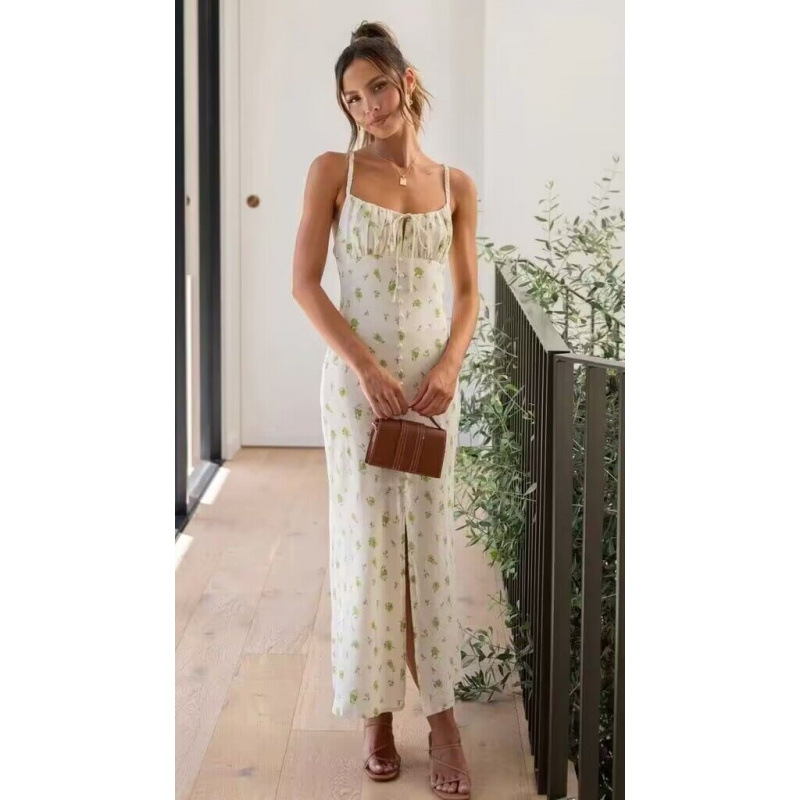 Women's Summer Floral Cami Dress with Button Front, Beaded Details, and Slit