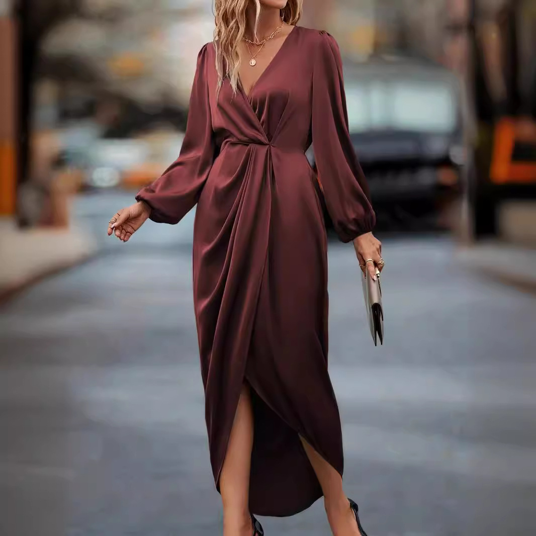 Women's Solid V-Neck Long Sleeve Split Waist Dress