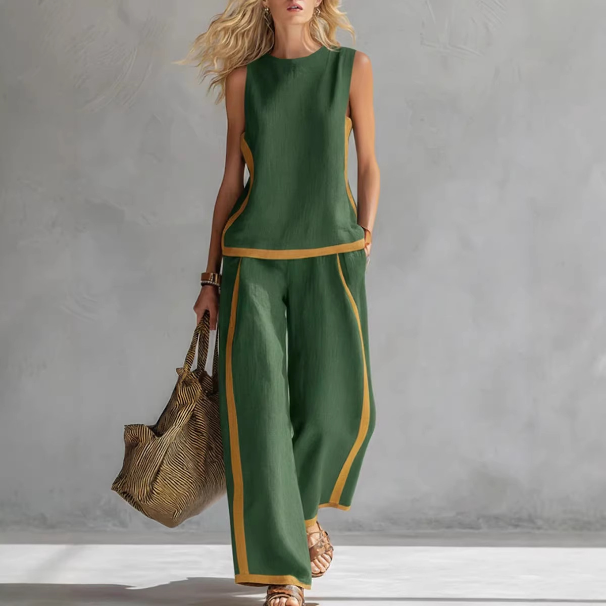 Women's Sleeveless Colorblock Wide-Leg Pant Set Casual Two-Piece
