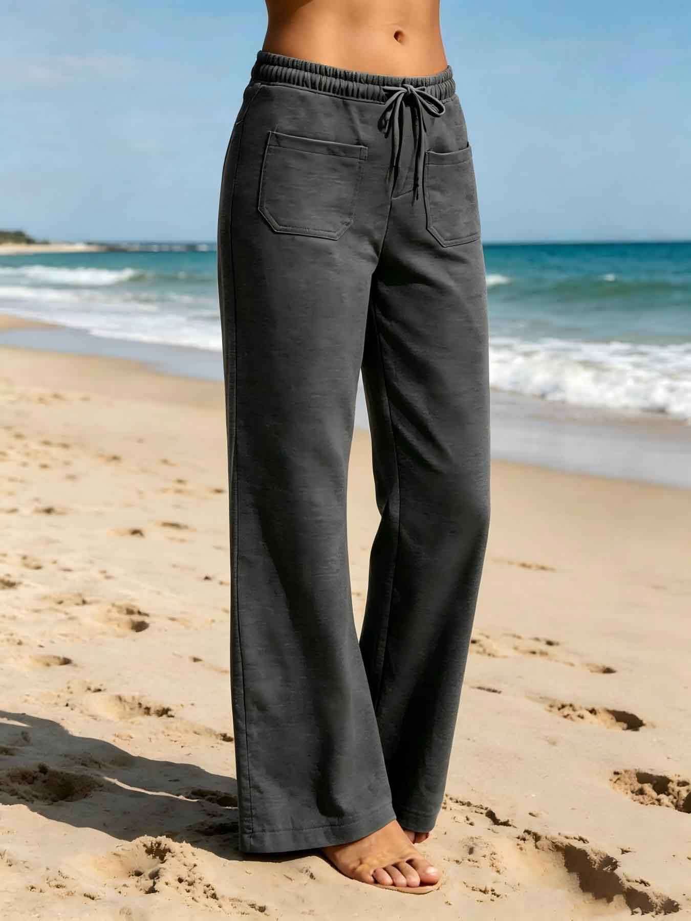 Women's Solid Straight-Leg Drawstring Pants with Pockets