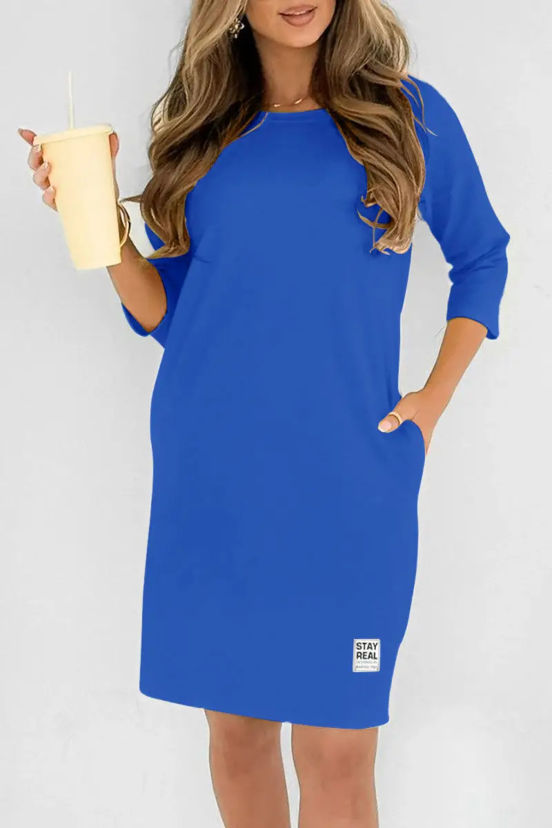 Women's Solid Crewneck Long Sleeve Loose Casual Midi Dress