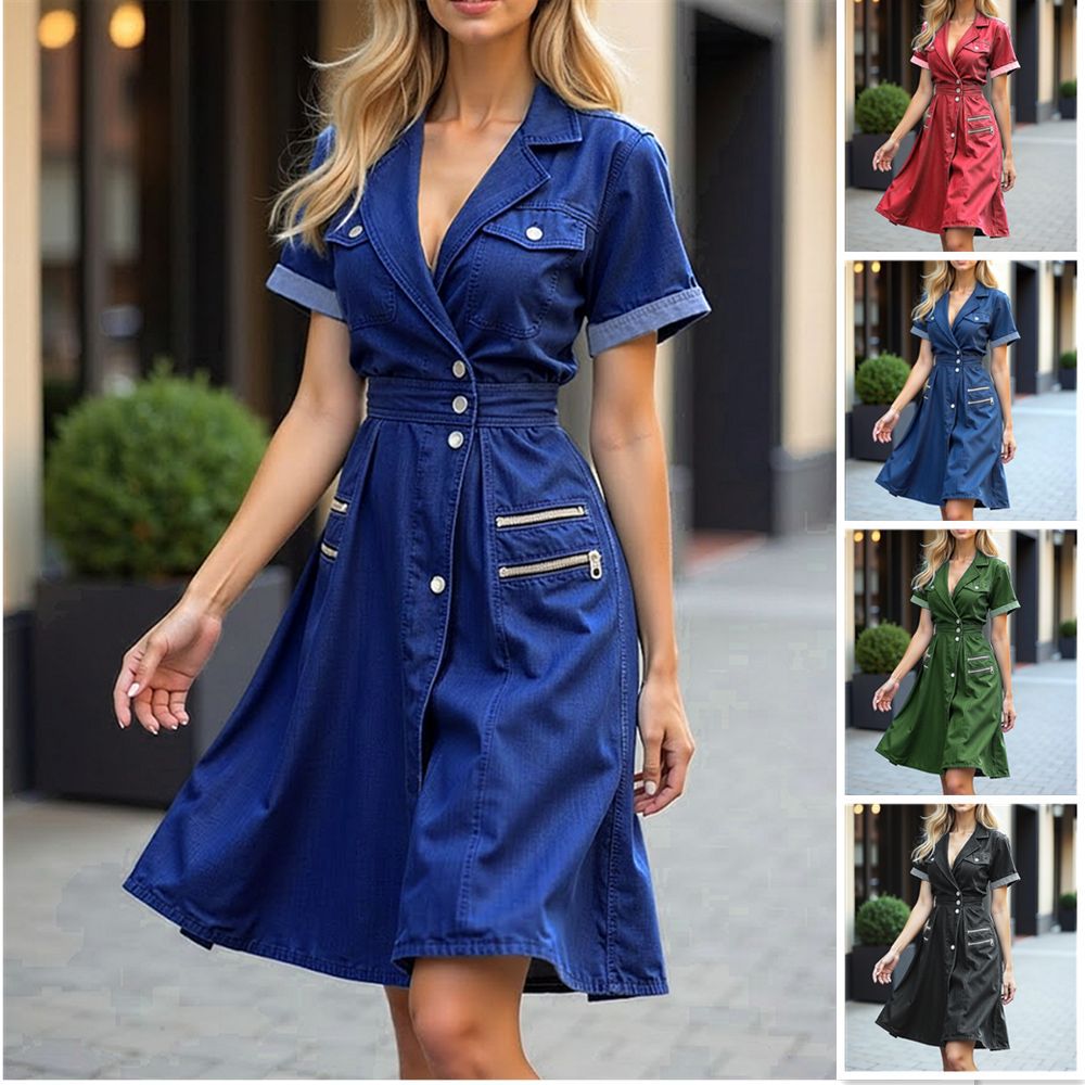 Women's Denim Midi Dress Short Sleeve Button-Front Shirt Collar