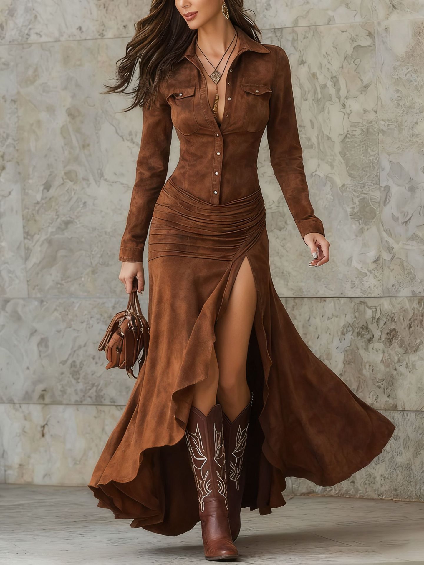 Women's Slim Fit Zip-Up High Neck Long Dress with Slit