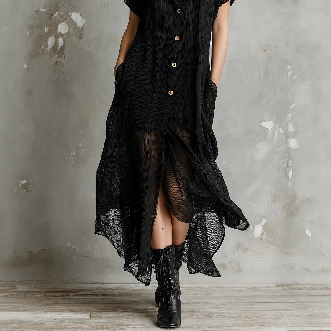 Sheer Pleated Collared Short-Sleeve Long Shirt Dress with Slit