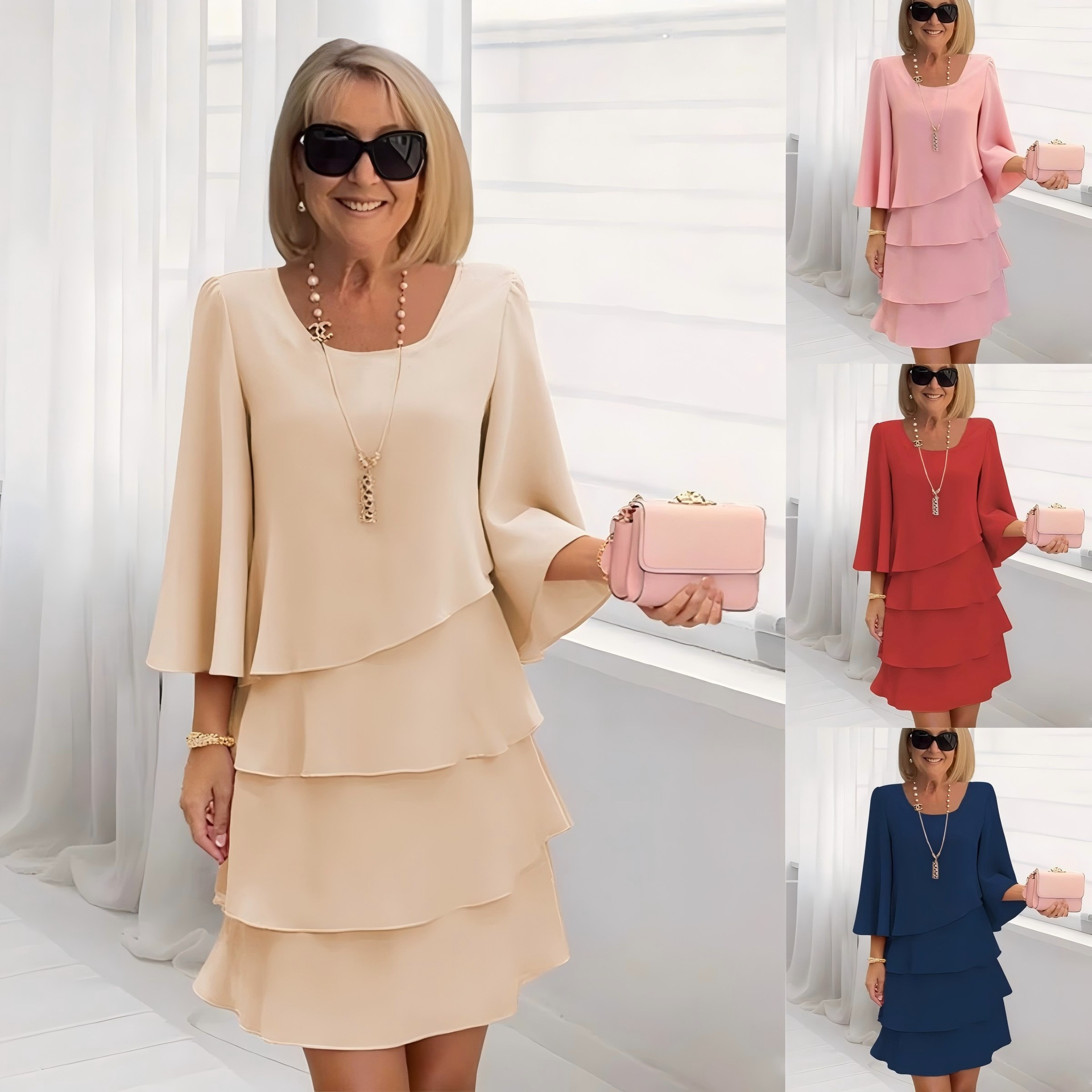 Women's Tiered Cake Dress Round Neck Loose Fit Long Dress