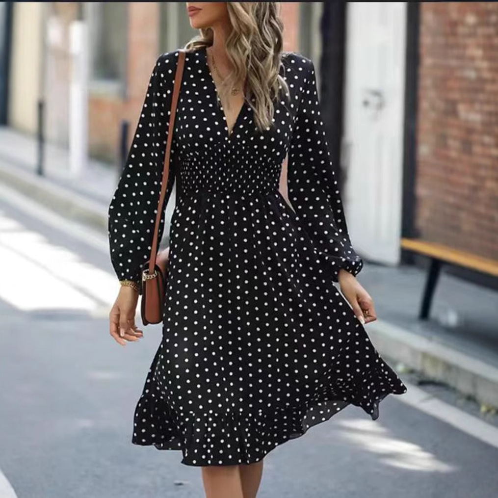 Polka Dot V-Neck Cinched Waist Midi Dress