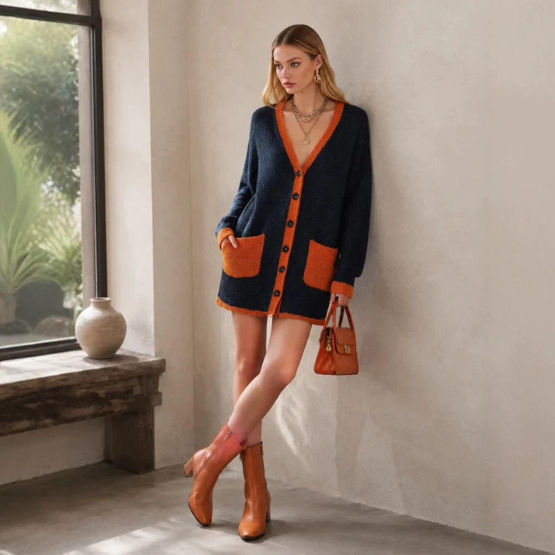 Women's V-Neck Knit Cardigan Loose Colorblock Long Sleeve Orange