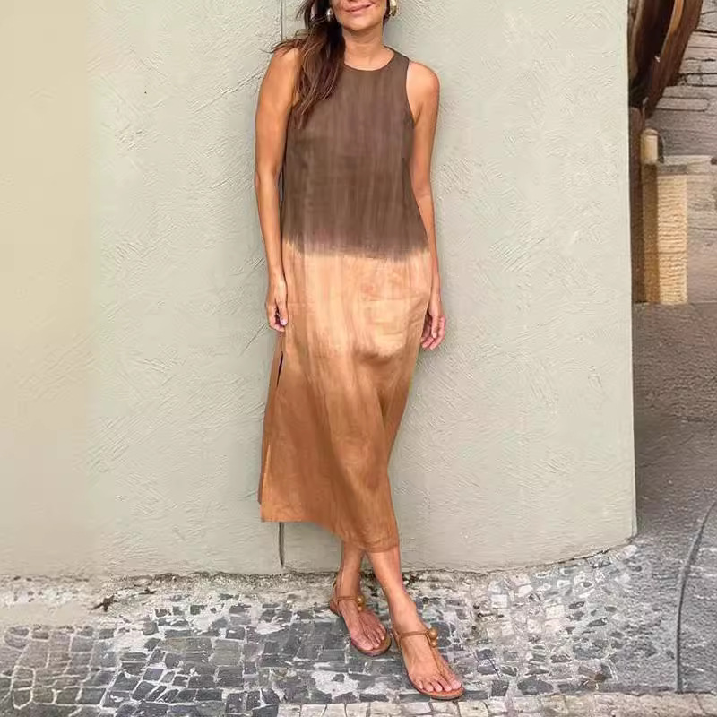Women's Sleeveless Cotton Linen Gradient Dress Casual Split A-Line Midi