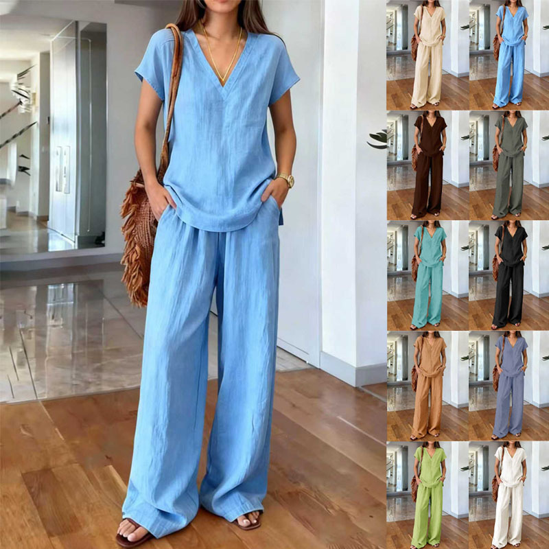 Women's V-Neck Short Sleeve Top & Wide Leg Pants Set