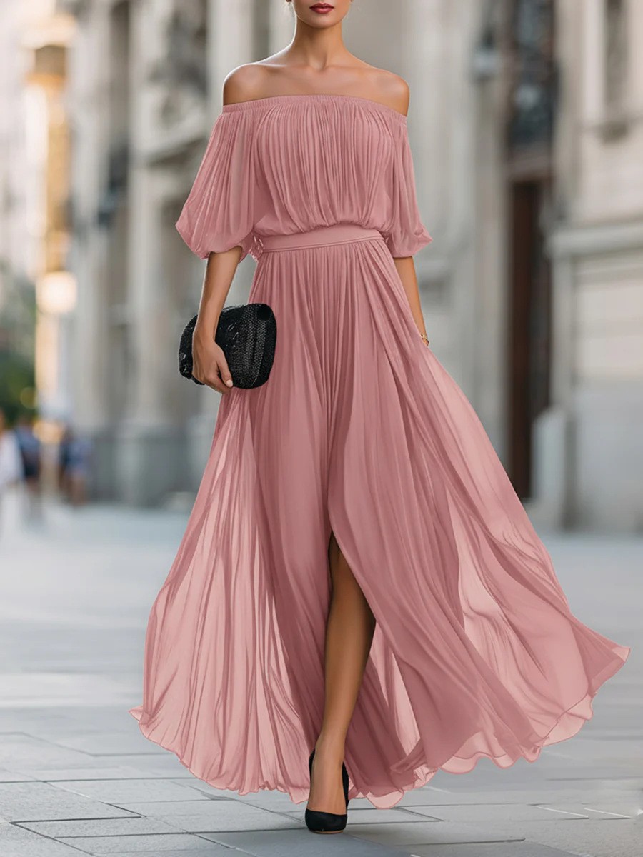 Women's Off-Shoulder Chiffon Maxi Dress Solid Color Waist-Cinched