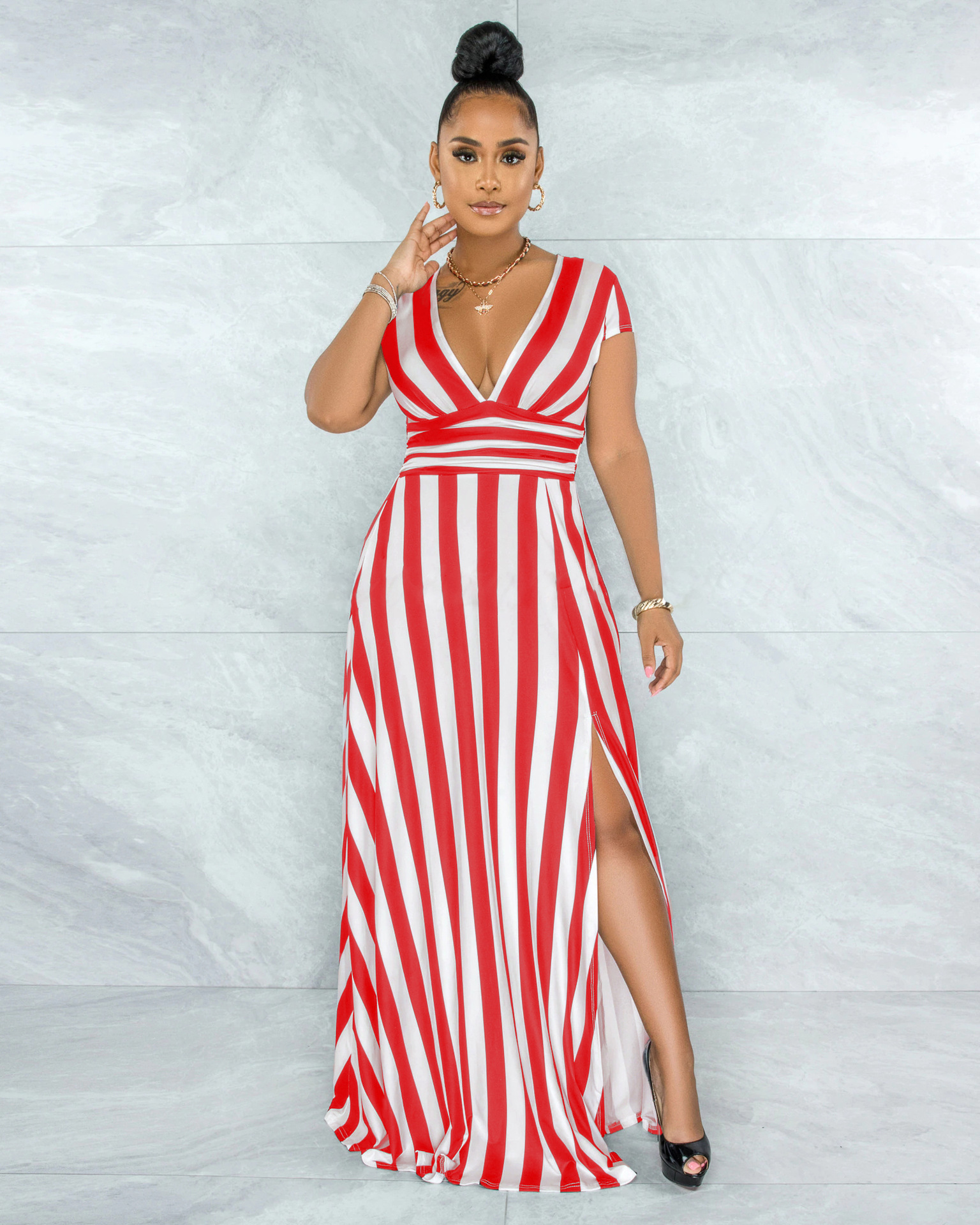 Striped Slit Sleeveless Long Dress