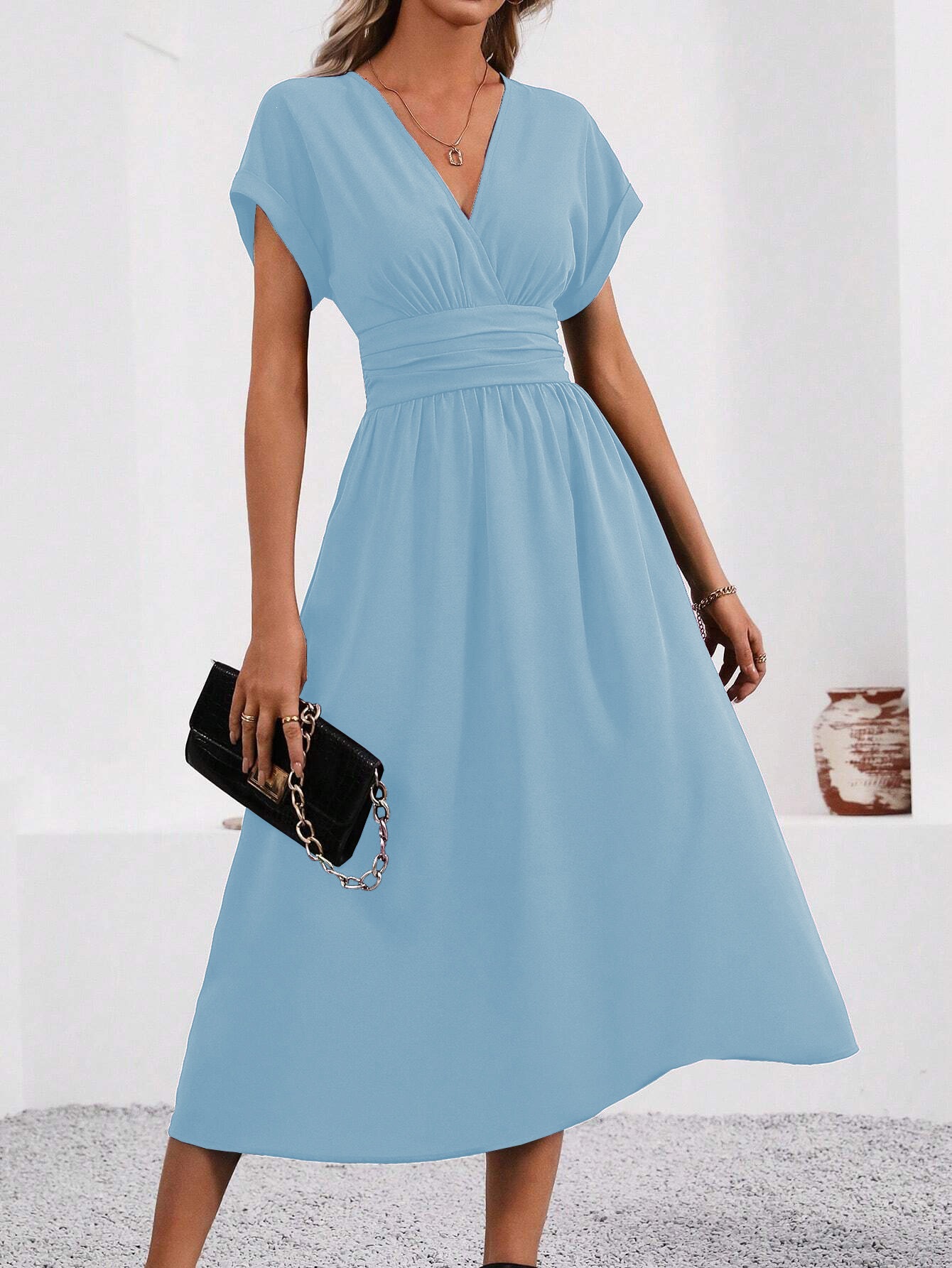 Women's Solid Overlap V-Neck Batwing Sleeve Ruched Waist Long Dress