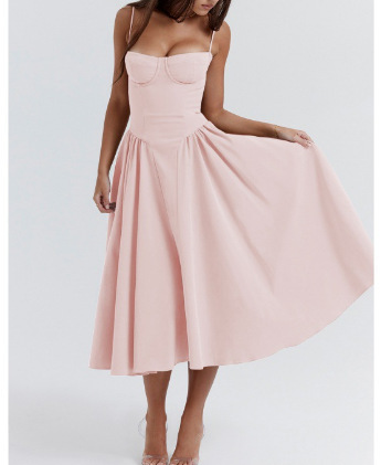 Women's Strapless Bodycon Midi Dress Sleeveless High Waist Solid Color