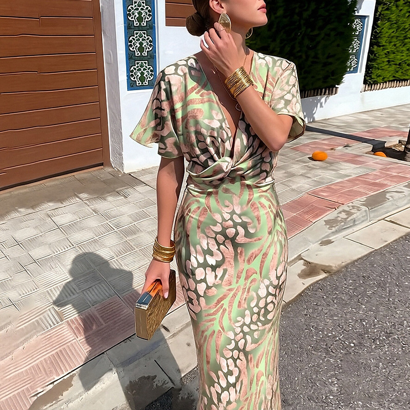 Elegant Floral Print V-Neck Long Dress