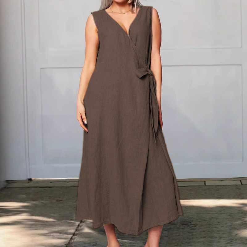 Women's Summer Loose Tie-Front Sleeveless Solid Cotton-Blend Dress