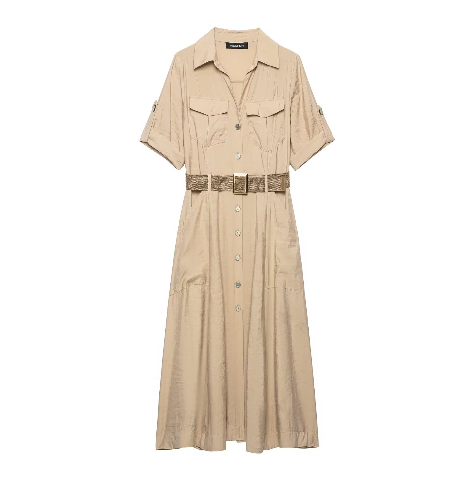 Women's Polo Collar A-Line Shirt Dress Short Sleeve Polyester Khaki
