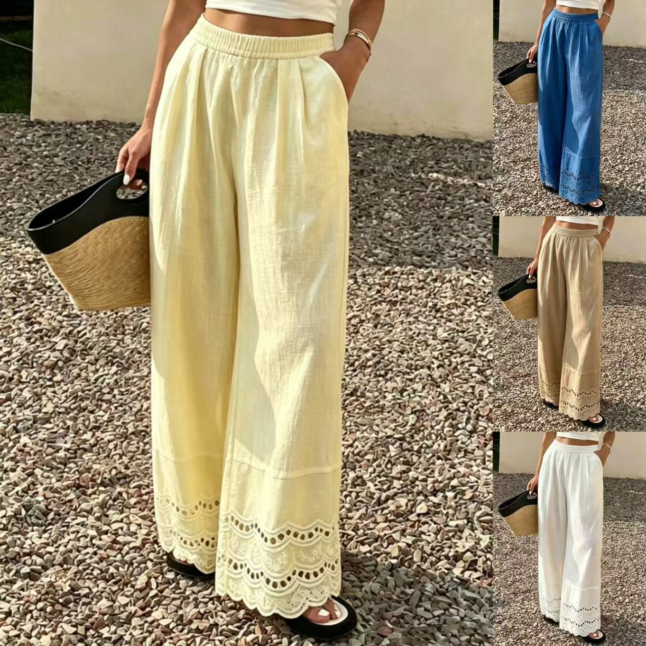 Women's Solid Lace Trim Cotton Linen Wide Leg Pants