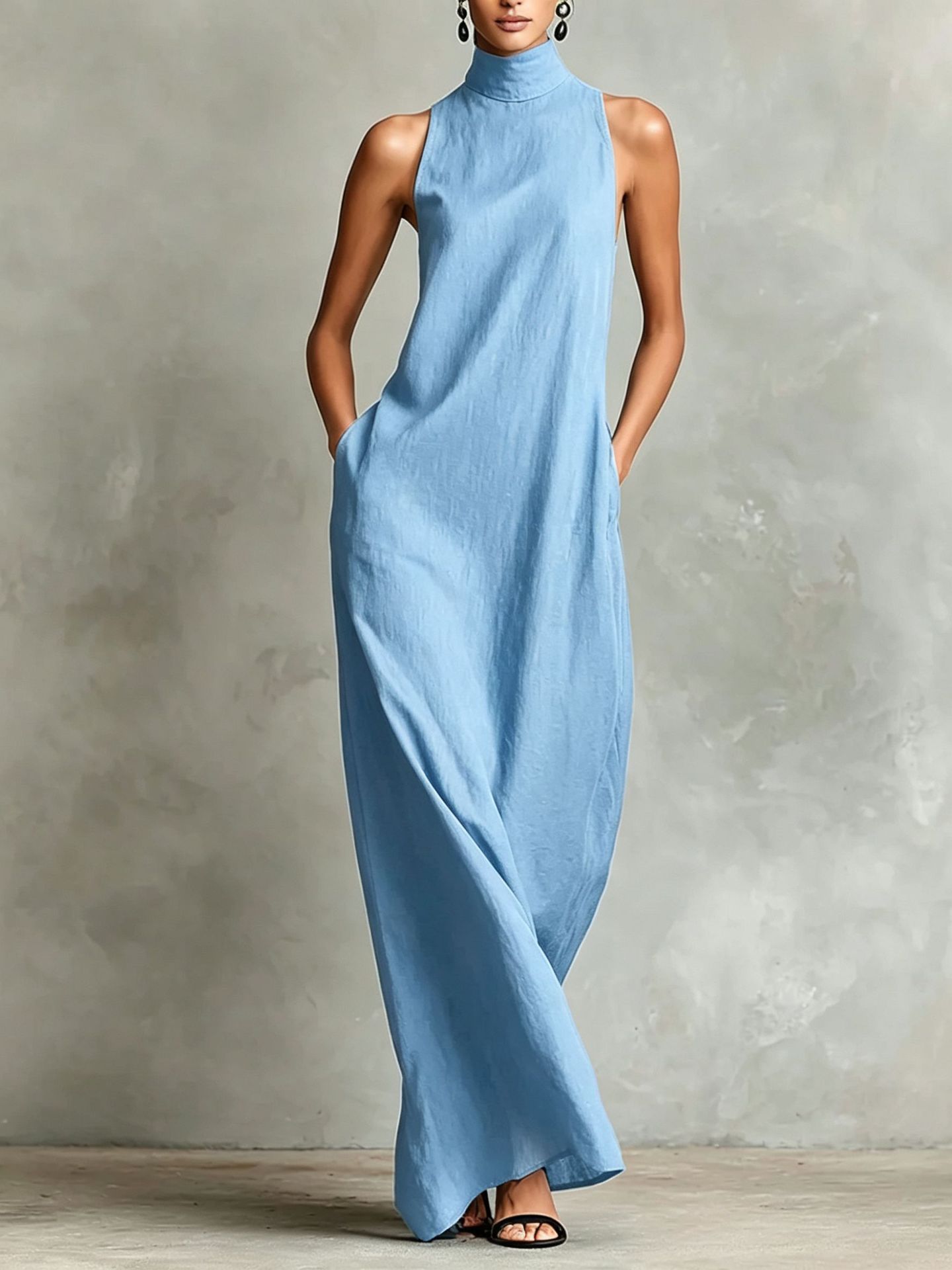 Linen High Neck Sleeveless A-Line Maxi Dress
