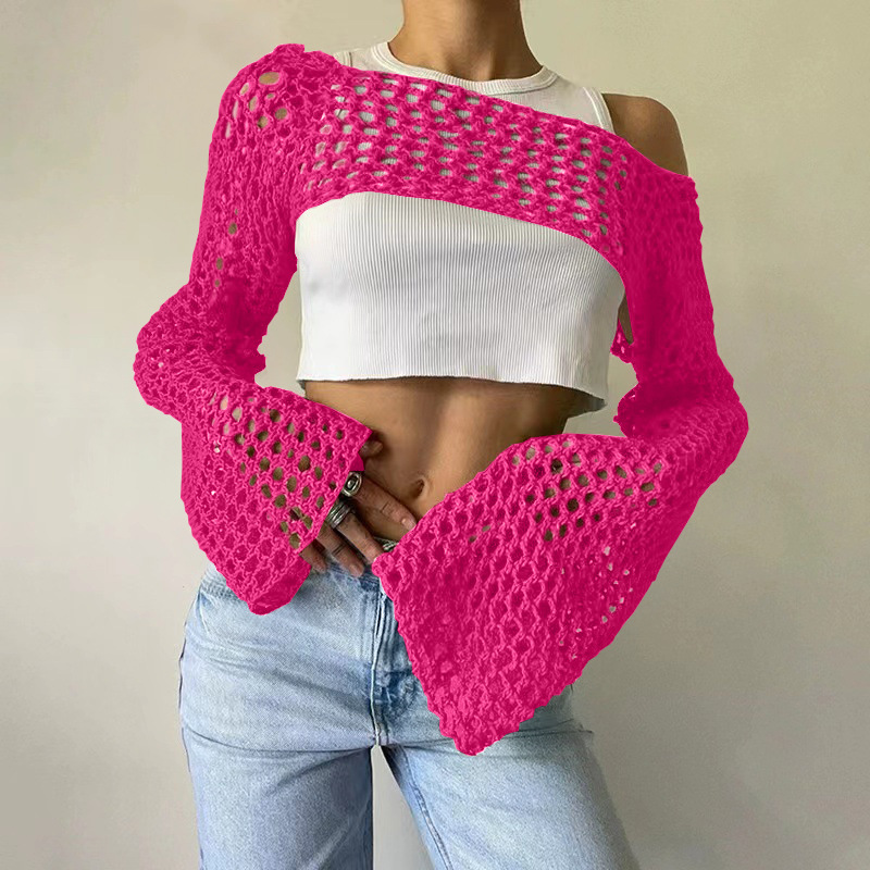 Women's Crochet Mesh Crop Top with Bell Sleeves