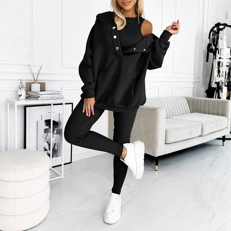 Solid Hooded Button Sweatshirt and Pants Set