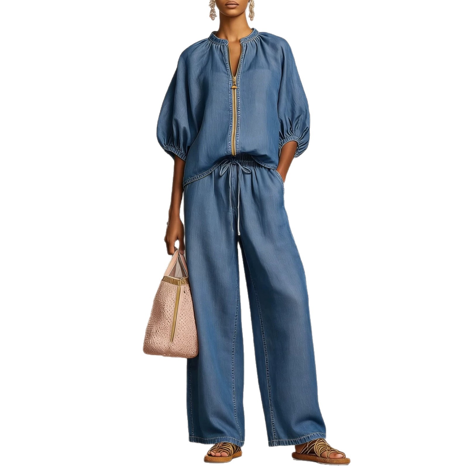 Women's Casual Solid Zip Crew Neck Wide Leg Pants Set