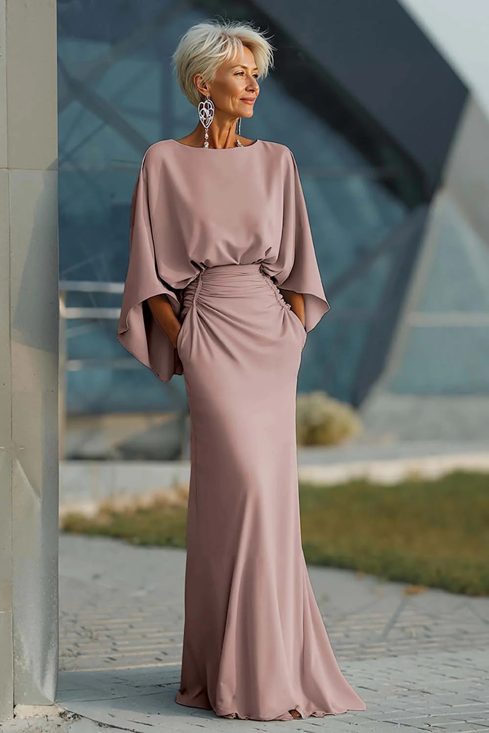 Elegant Open-Back Ruched Long Dress with Pockets