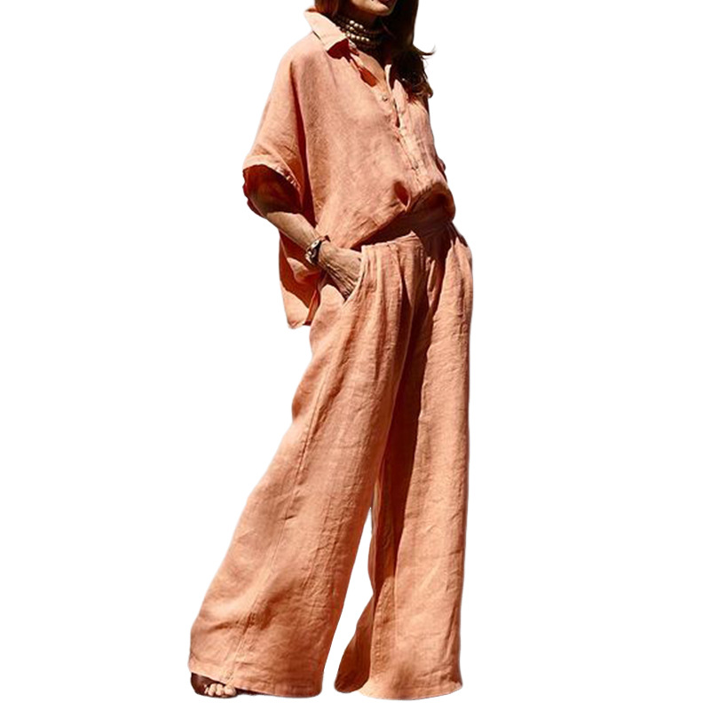 FD1666 Women's Cotton Linen Two-Piece Set with Collar, Loose Fit Solid Color