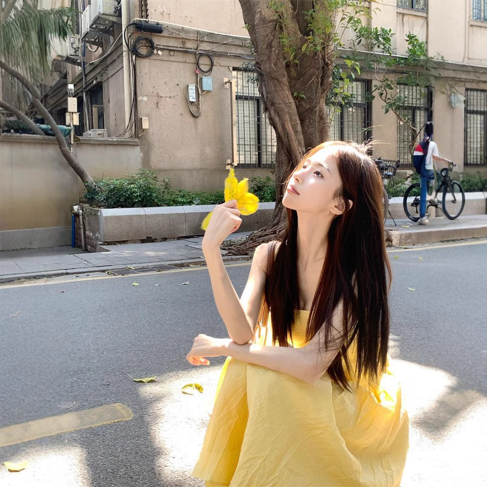 Yellow Sleeveless Slip Dress Square Neck Cinched Waist Long Dress