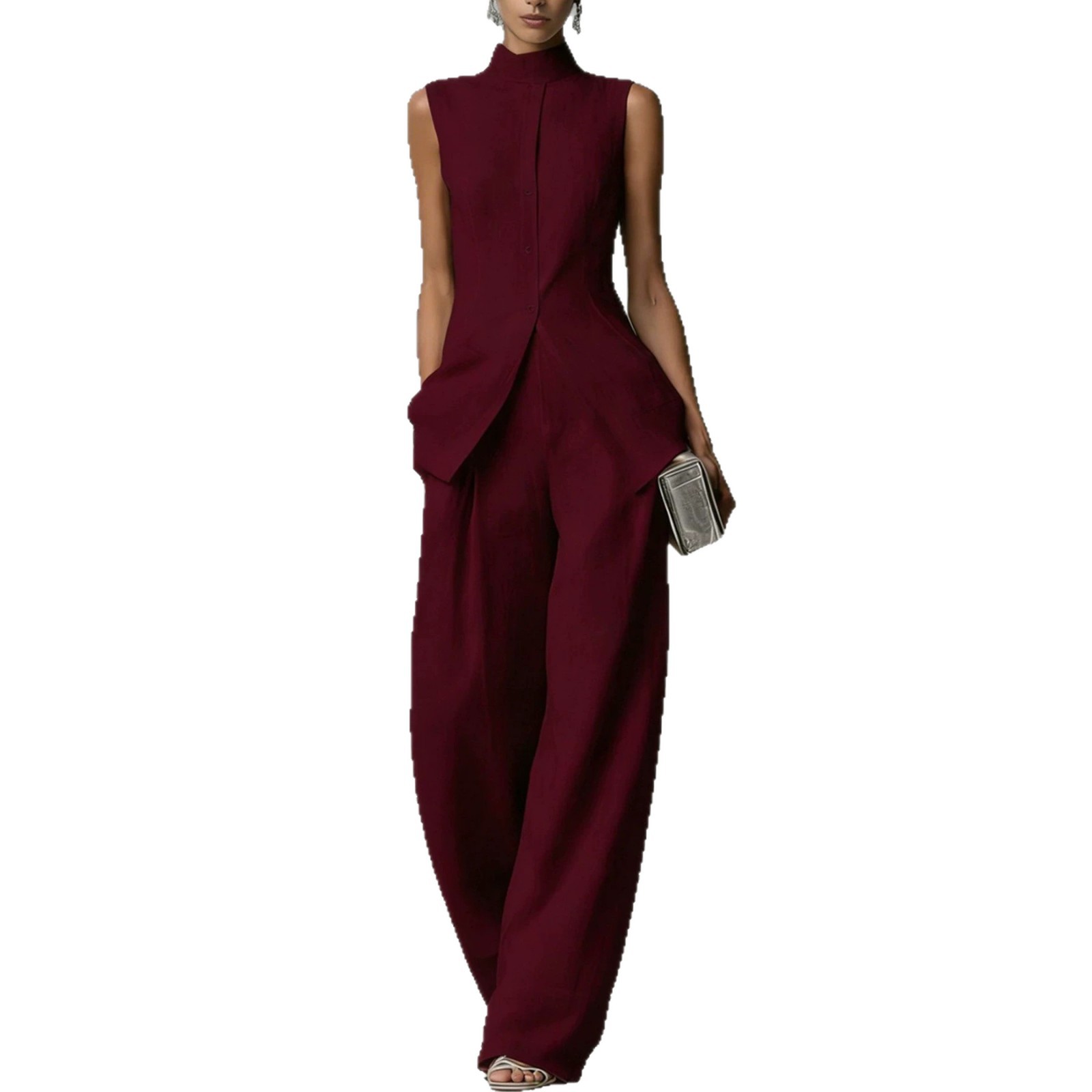 Women's Sleeveless Shirt and Pants Set with Drape, Casual Chic Two-Piece Outfit