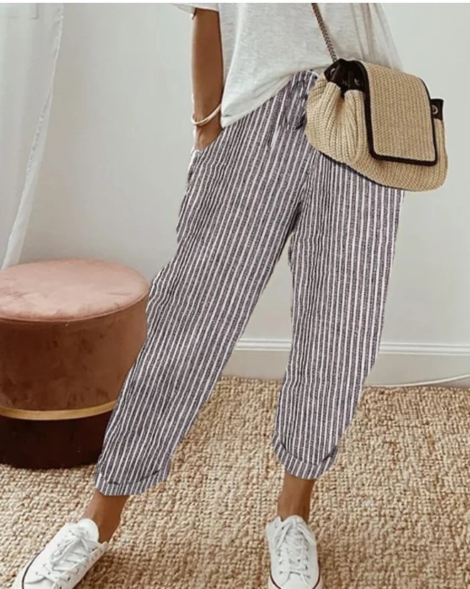 Striped Drawstring Elastic Waist Casual Pants Loose Fit